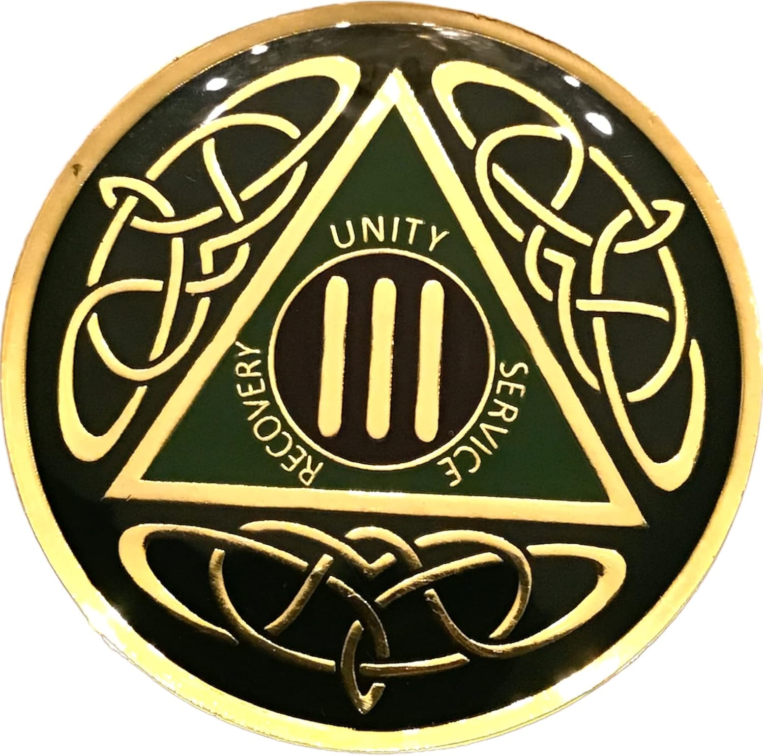 3 Year Celtic AA Medallion - Irish Gaelic Green and Gold Alcoholics Anonymous, Sobriety Chip, Token, Coin