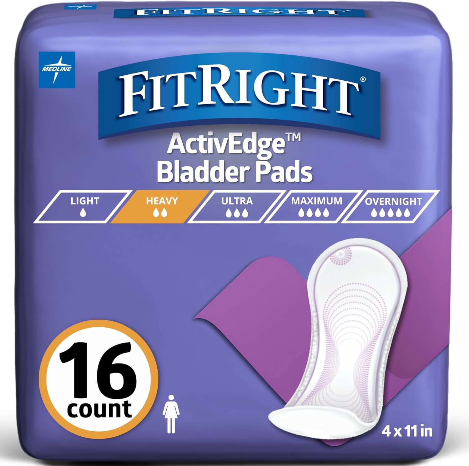 FitRight Incontinence Bladder Control Pads, Moderate Absorbency, 4.3" x 11", 16 Count
