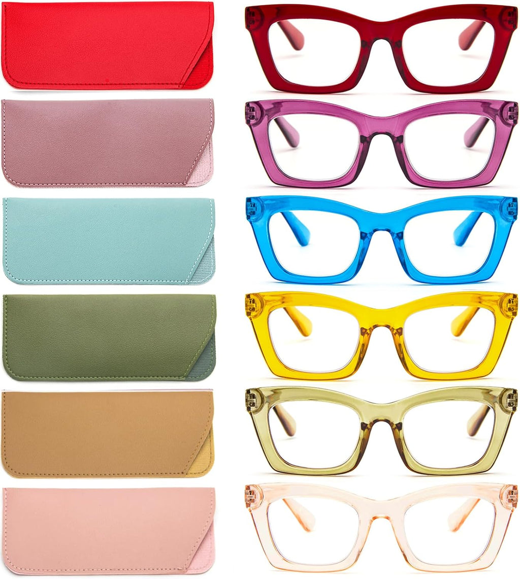REAVEE 6 Pack Oprah Style Reading Glasses for Women Blue Light Blocking, Cute Square Computer Readers with Spring Hinge