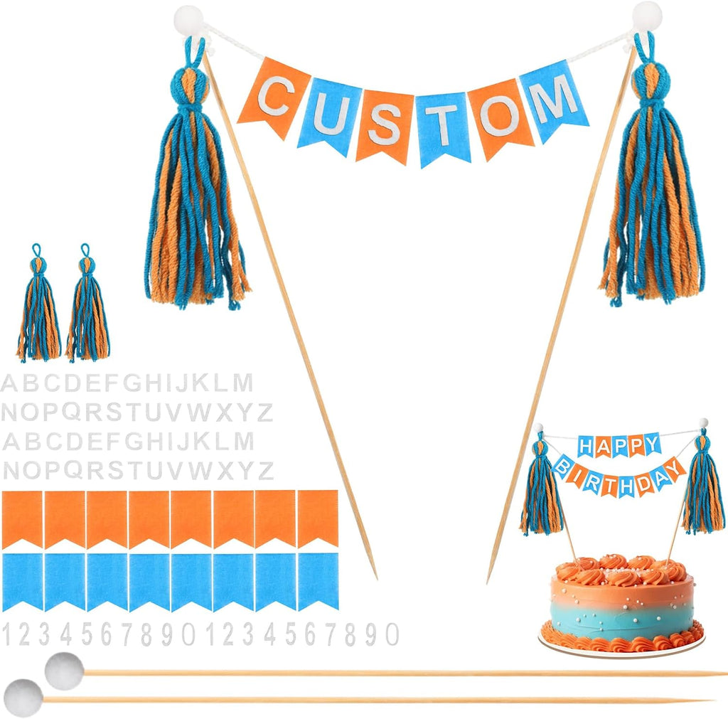 Breling 90 Pcs Custom Cake Banner Topper Set, Personalized Handmade Flag Banner Wooden Pole Alphabet Number for Birthday Wedding DIY Cake Decoration Anniversary Party Supplies (Orange Blue)