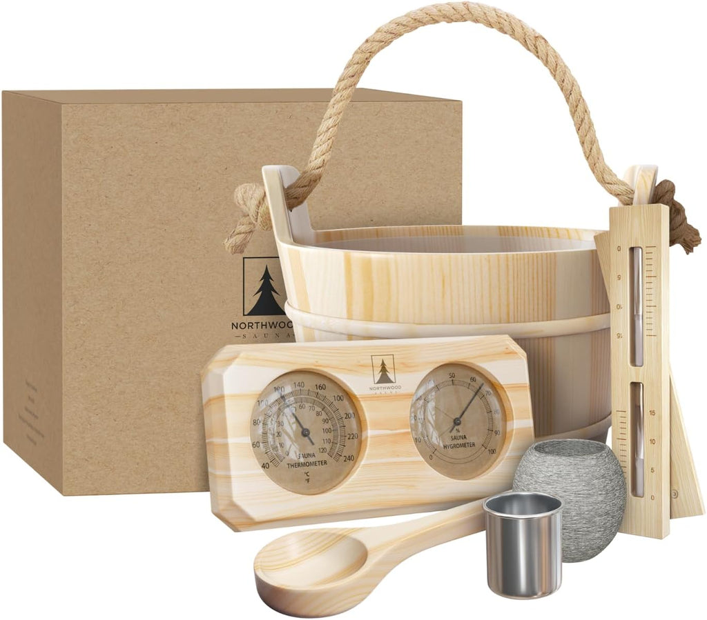 Northwood Sauna - Sauna Accessories Kit - Handmade from Finnish Pine Wood - Core Set (Bucket & Ladle, Thermometer & Hygrometer, Sand Timer, Aromatherapy Cup)