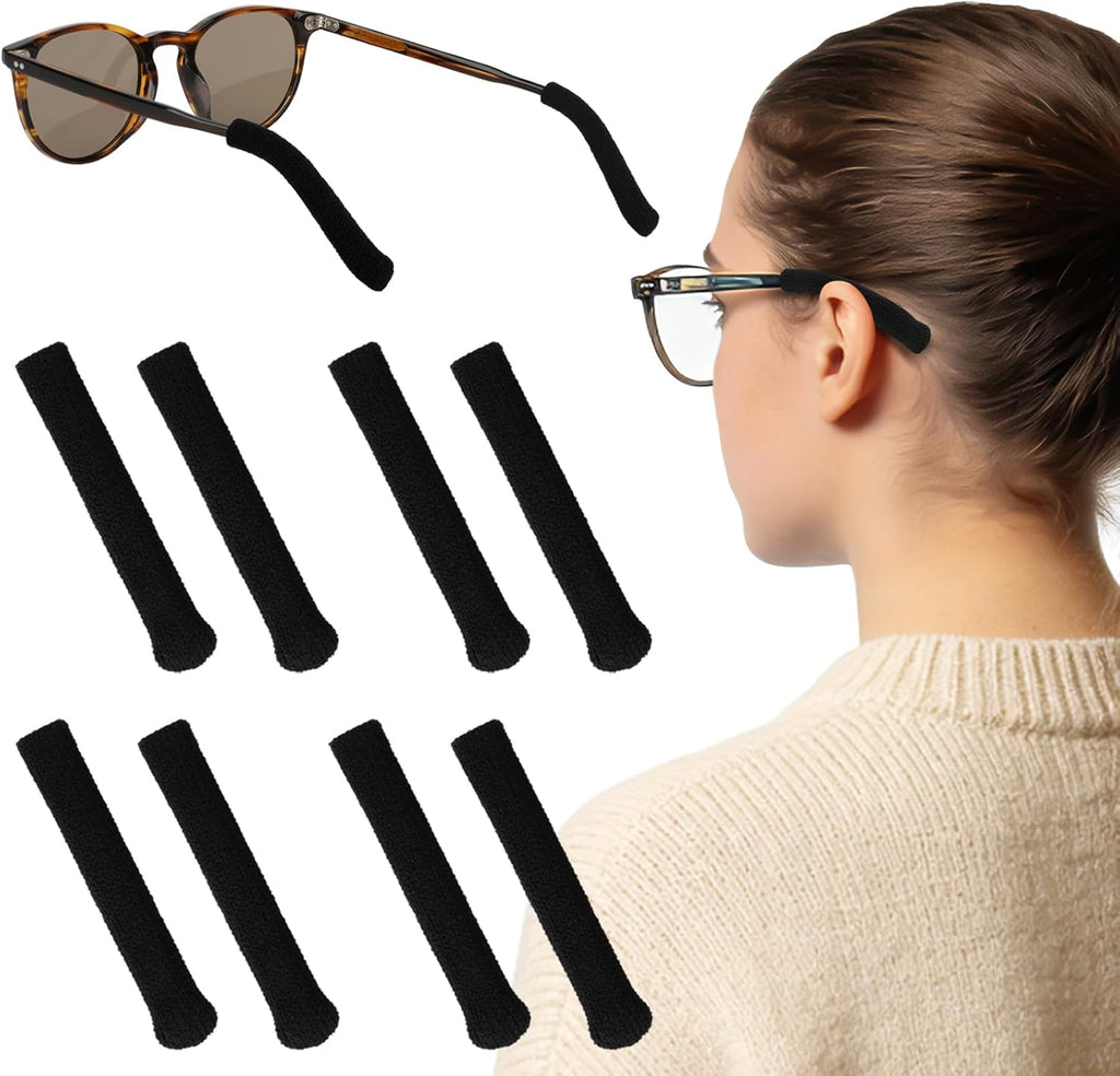 4 Pairs Glasses Ear Cushion, Anti-Slip Elastic Comfortable Eyeglasses Temple Tips Sleeve, Soft Knitting Cotton Fabric Ear Grips for Eyewear, Sunglasses & Reading Glasses (Black)