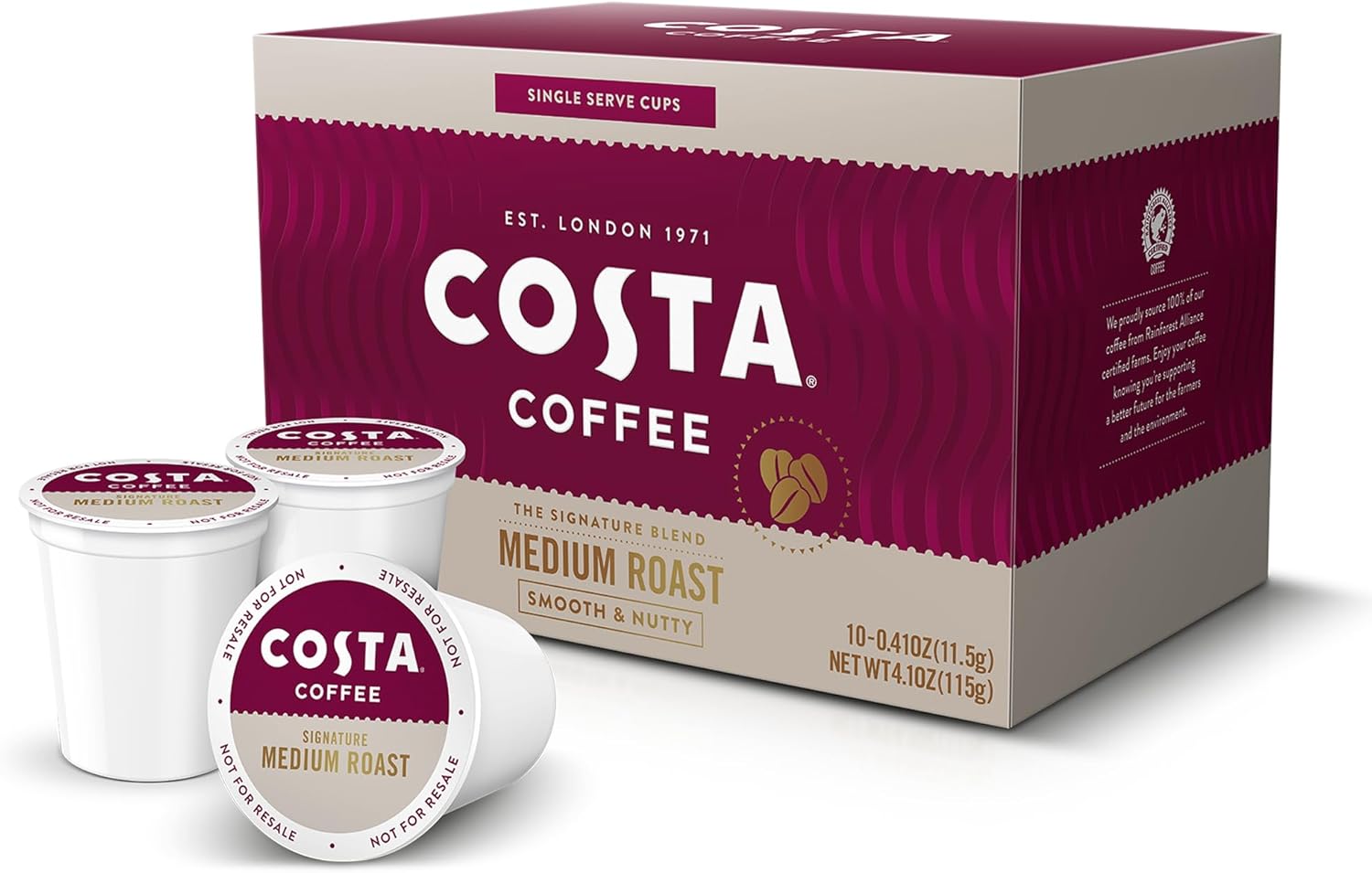 Costa Coffee Pods Medium Roast, Signature Blend Single-Serve Pods (10 Count), Smooth & Nutty 100% Arabica Beans, Compatible with Pod Brewers