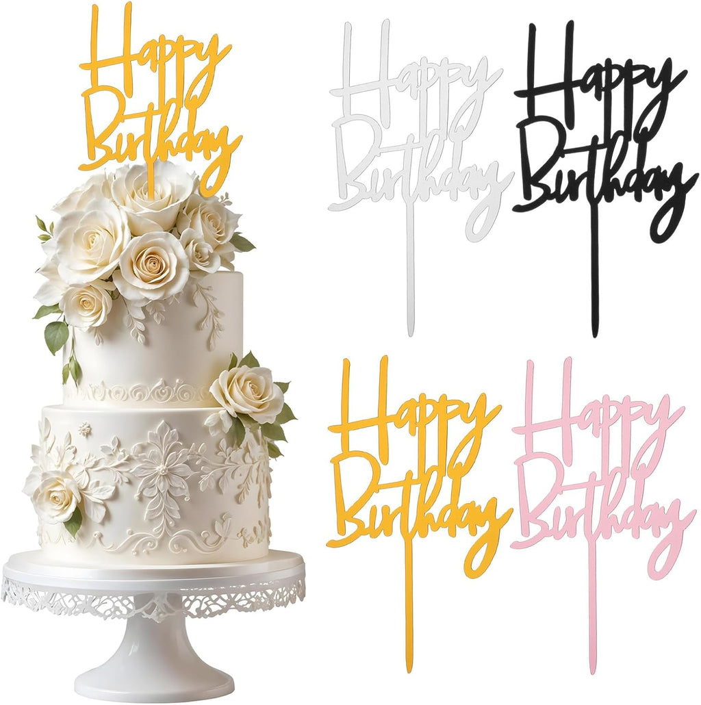 Nogeqi 4PCS Acrylic Happy Birthday Cake Topper, Happy Birthday Cake Decorations Sign for Party Desserts Decoration Ideas (Gold, Silver, Black, Rose Gold)