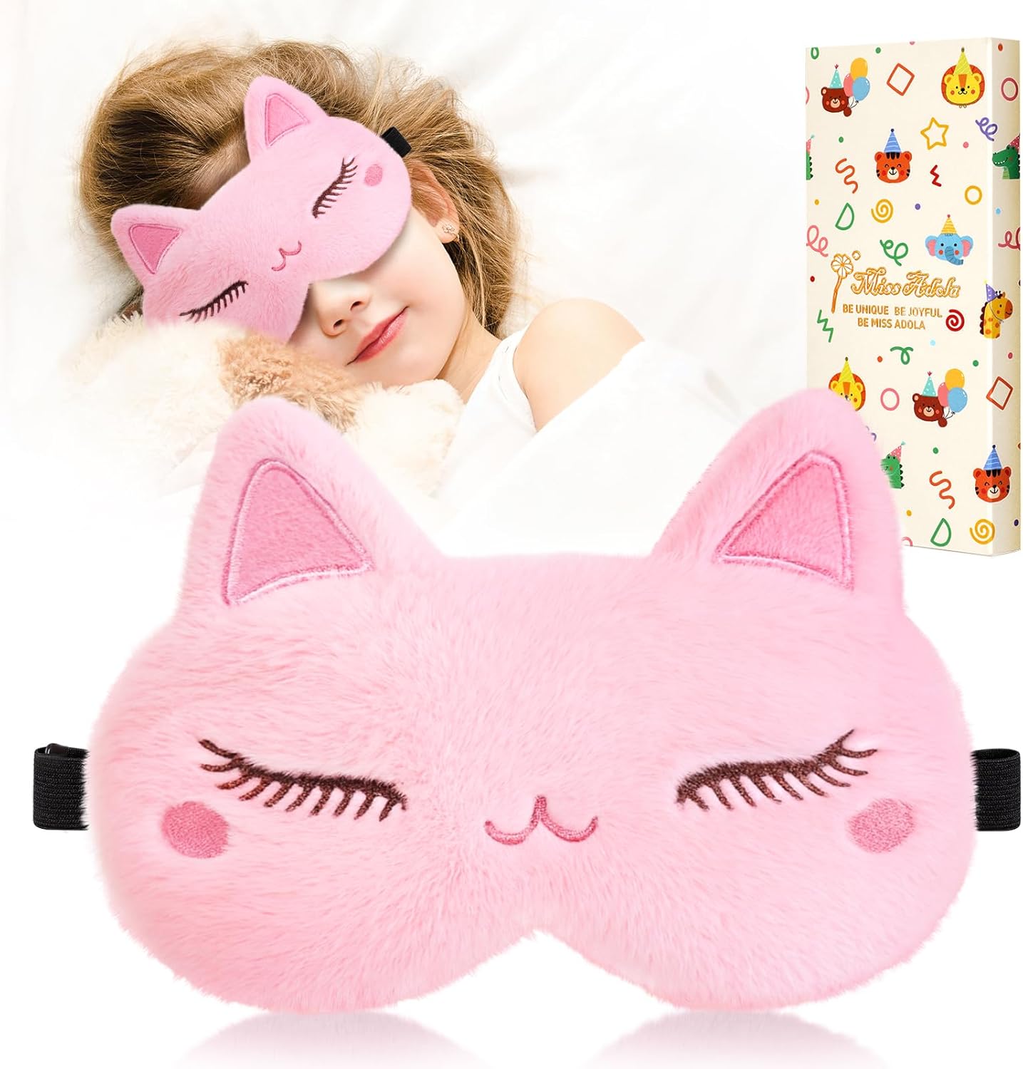 Sleep Mask for Kids - Valentines Gift for Kids Cute Plush Fuffy Sleeping Eye Cover Kawaii Soft Eyeshade Animal Eye Blindfold for Girls Boys Teens with Adjustable Strap, Cat