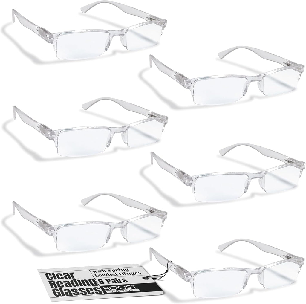 Boost Eyewear 6 Pack Reading Glasses, Clear Half Rim Frames, for Men and Women, with Comfort Spring Loaded Hinges, Clear, 6 Pairs (+2.00)