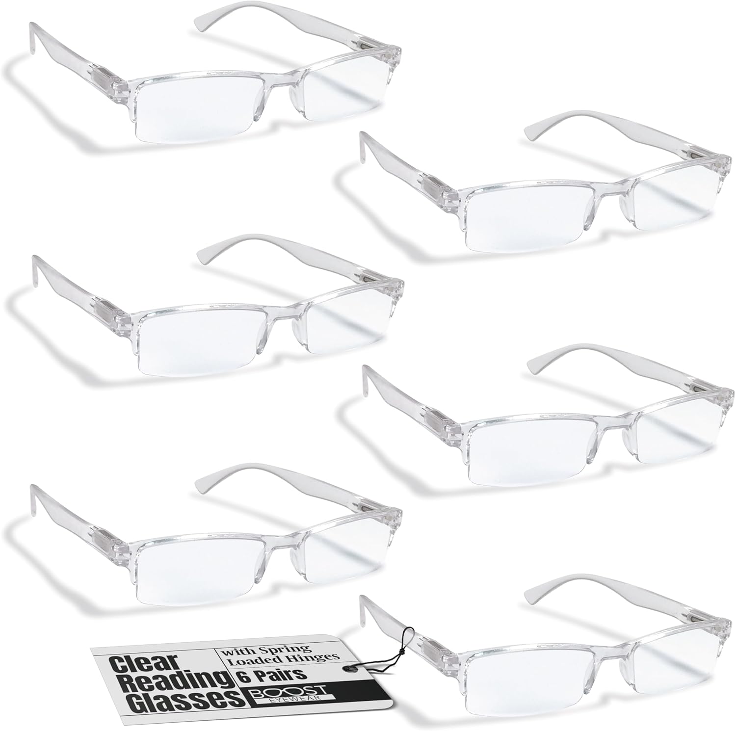 Boost Eyewear 6 Pack Reading Glasses, Clear Half Rim Frames, for Men and Women, with Comfort Spring Loaded Hinges, Clear, 6 Pairs (+2.00)