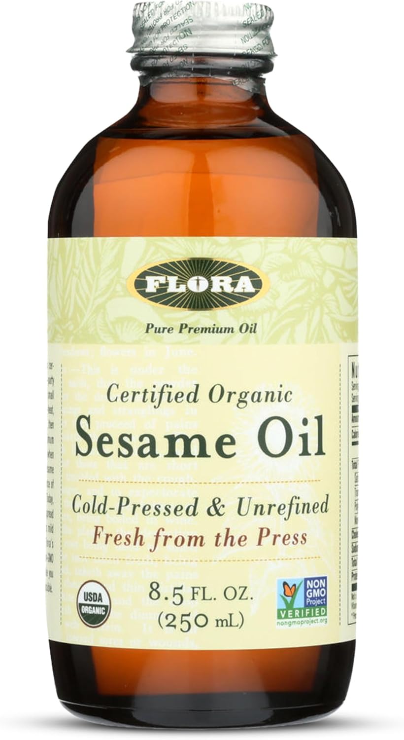 Flora - Certified Organic Sesame Oil - Cold-Pressed Cooking Oil with Essential Fatty Acids - Vegan, Kosher & Non-GMO - 8.5 fl. oz. Glass Bottle