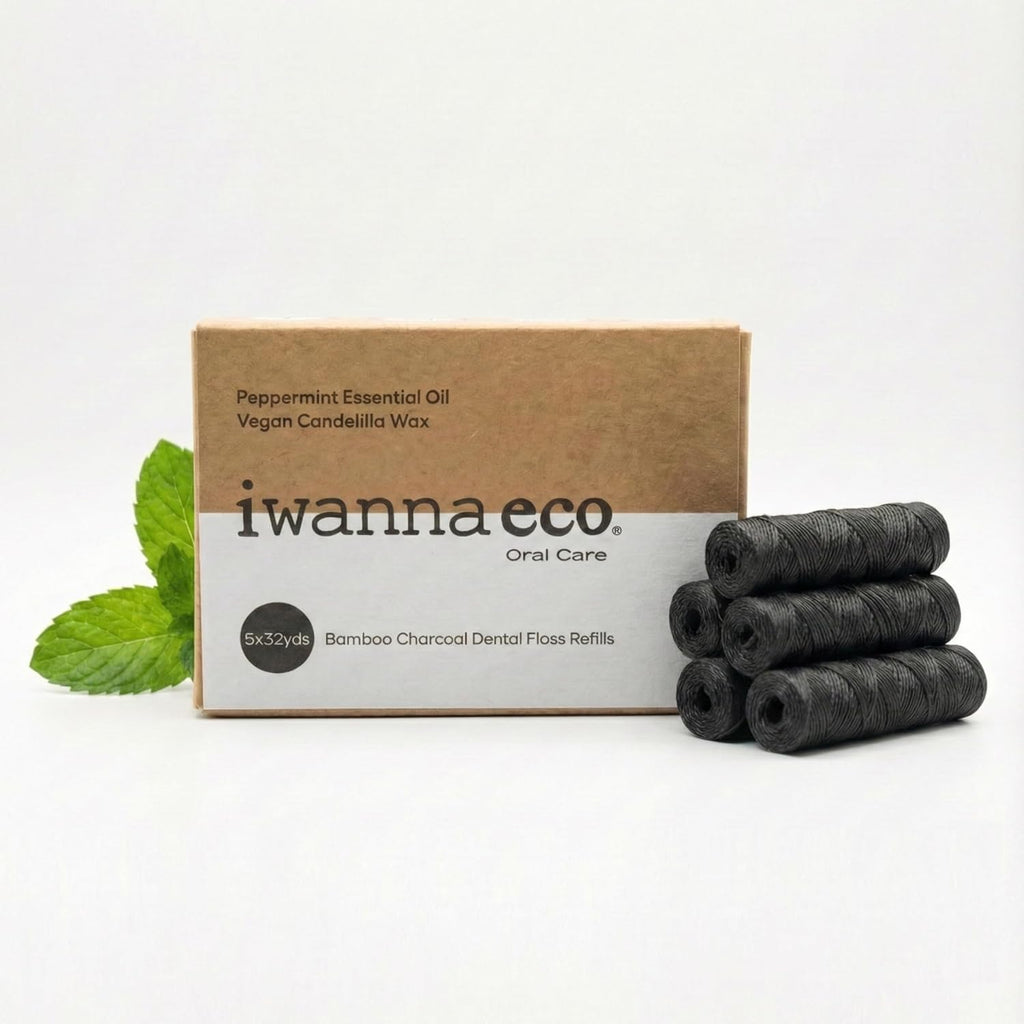 Natural Bamboo Charcoal Dental Floss Refills | Vegan, Eco-Friendly, Biodegradable, Candelilla Wax, PFAS & Plastic Free, Non-Toxic, Peppermint Essential Oil | Zero-Waste | Oral Care Set – 5x30M Spools