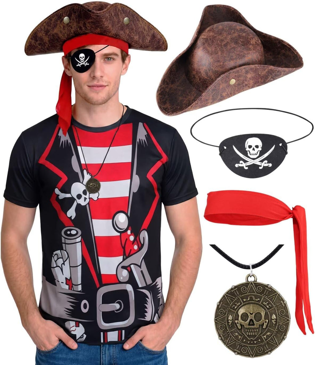 VillbeCoser 5Pcs Pirate Costume Men with Pirate Accessories Anime Captain Shirt Pirates Hat Cosplay Outfit Crewneck Tee