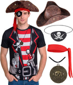 VillbeCoser 5Pcs Pirate Costume Men with Pirate Accessories Anime Captain Shirt Pirates Hat Cosplay Outfit Crewneck Tee