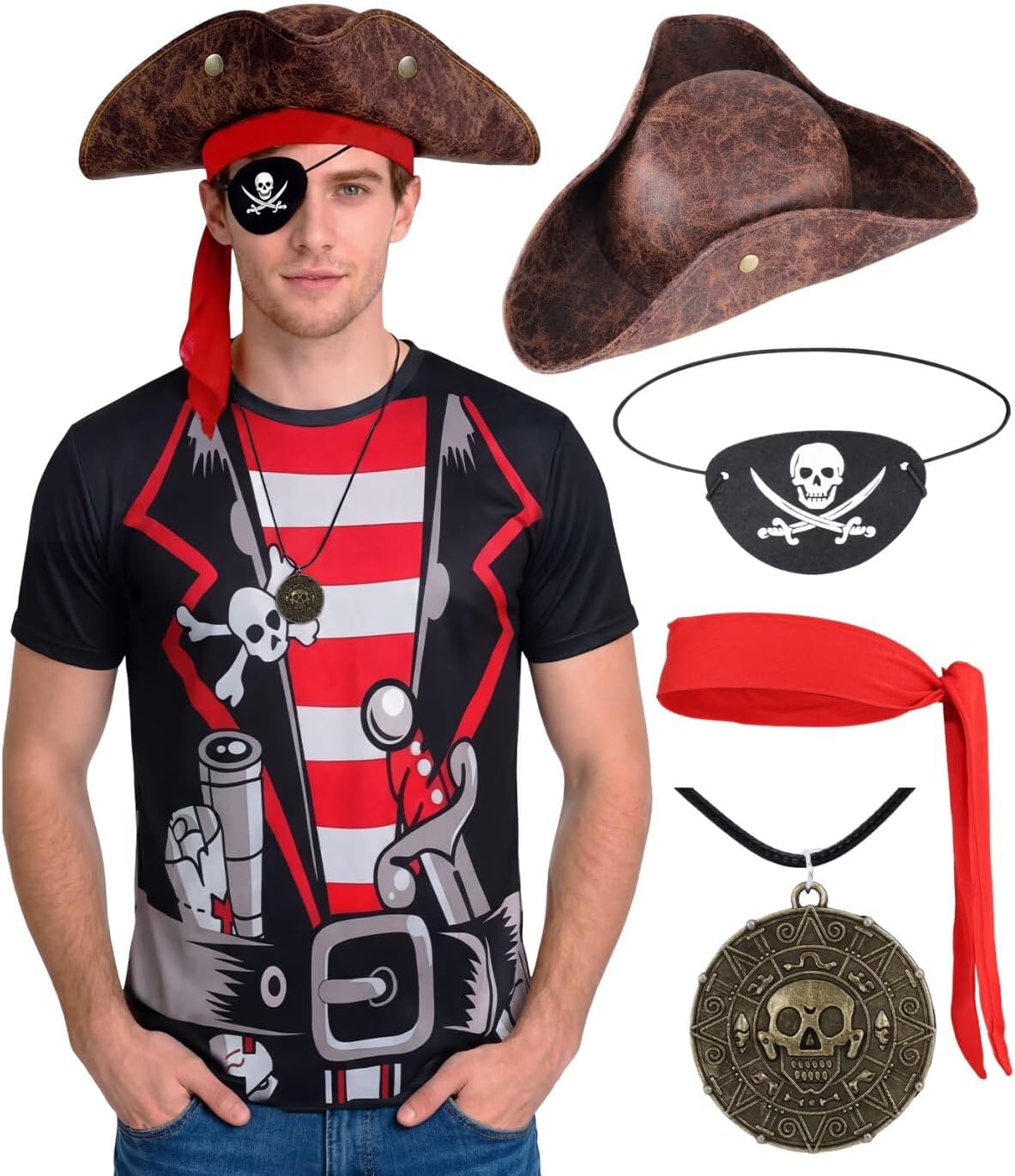 VillbeCoser 5Pcs Pirate Costume Men with Pirate Accessories Anime Captain Shirt Pirates Hat Cosplay Outfit Crewneck Tee