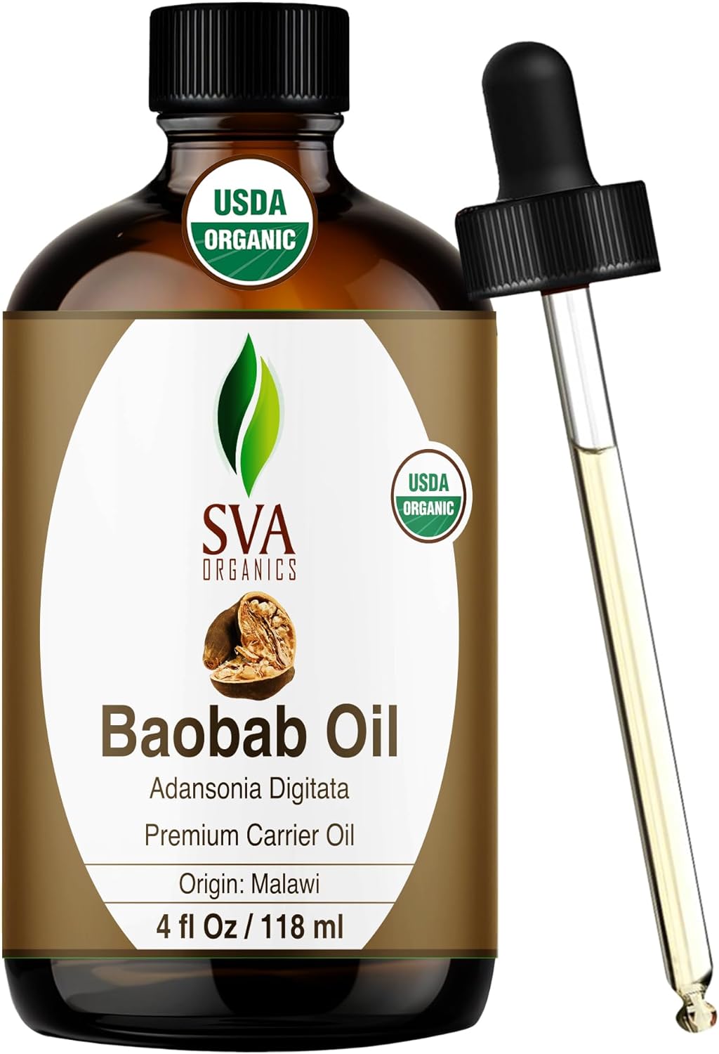 SVA Baobab Seed Oil Organic - 4 Fl Oz – 100% Natural Cold Pressed Organic Baobab Oil - for Face, Skin Care, Hair Care, Scalp Massage & Body Massage – Carrier Oil with Dropper