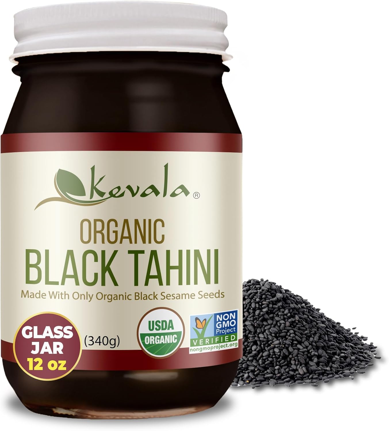 Kevala Organic Black Tahini - Gluten Free Black Sesame Paste for Bread, Kitchen Pantry Staple Processed in a Peanut Free Facility, Great to Mix with a Miso Paste or Spread on a Bagel, 12 oz, 340g