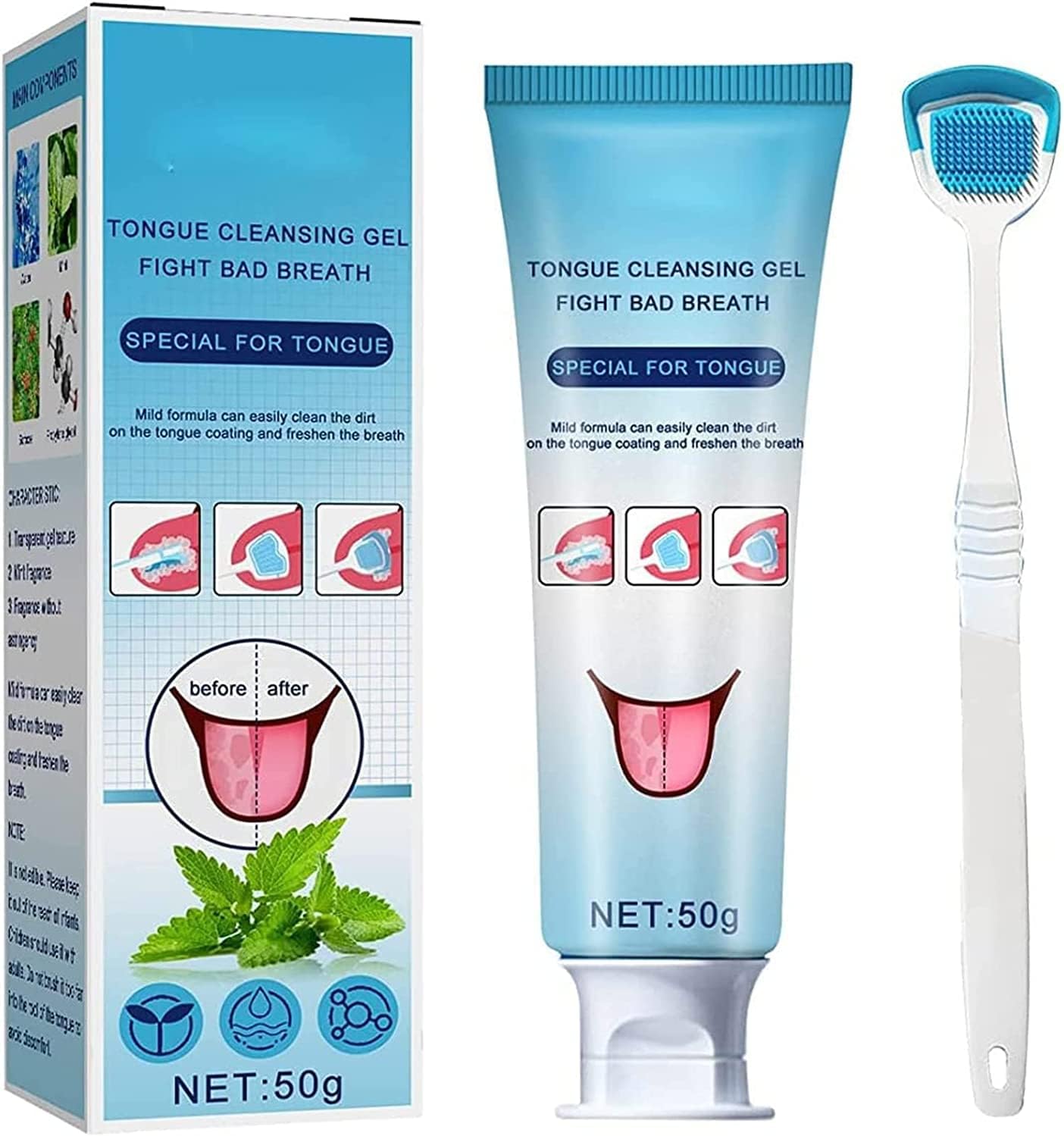 Tongue Cleaning Scraper Brush Kit, Tongue Cleaning Gel Oral Care Removes Oral Odor Fresh Breath Tongue Coating Cleaning Bad Breath for Adults, 50g (1pcs)