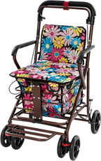 Foldable Rollator Walker with Seat Lightweight Shopping Cart for Seniors Portable Grocery Cart with Large Basket 18.9x15.75in (Floral Fabric)