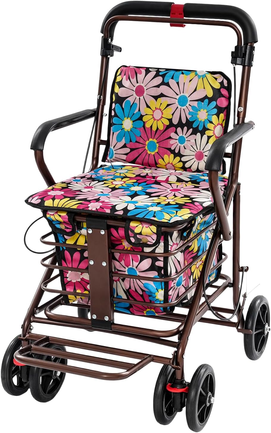 Foldable Rollator Walker with Seat Lightweight Shopping Cart for Seniors Portable Grocery Cart with Large Basket 18.9x15.75in (Floral Fabric)