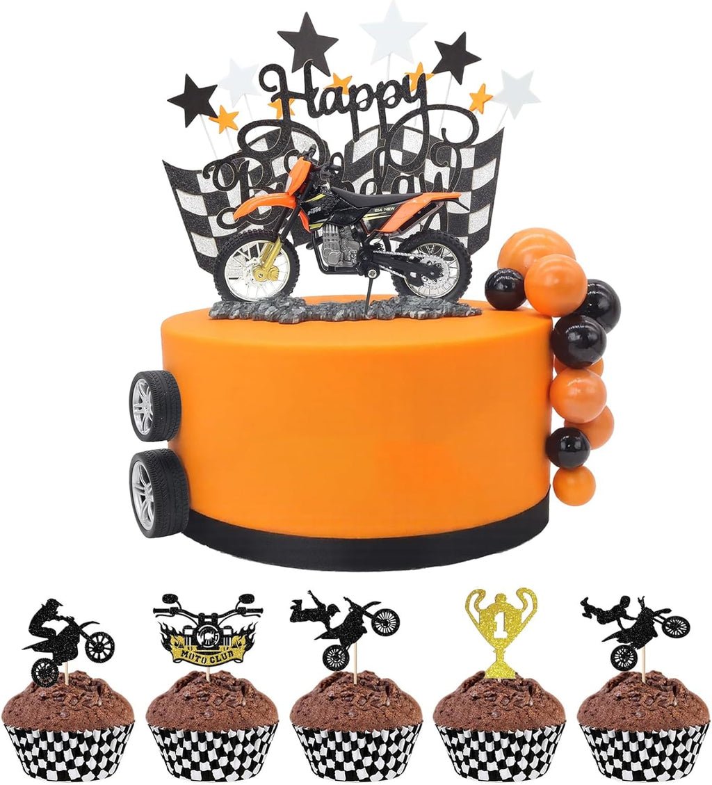 BiBo Dirt Bike Cake Topper, 31 PCS Motorcycle Birthday Party Decorations, Dirtbike Cupcake Toppers for Motocross Race Car Theme Birthday Party Decor Supplies (Orange)