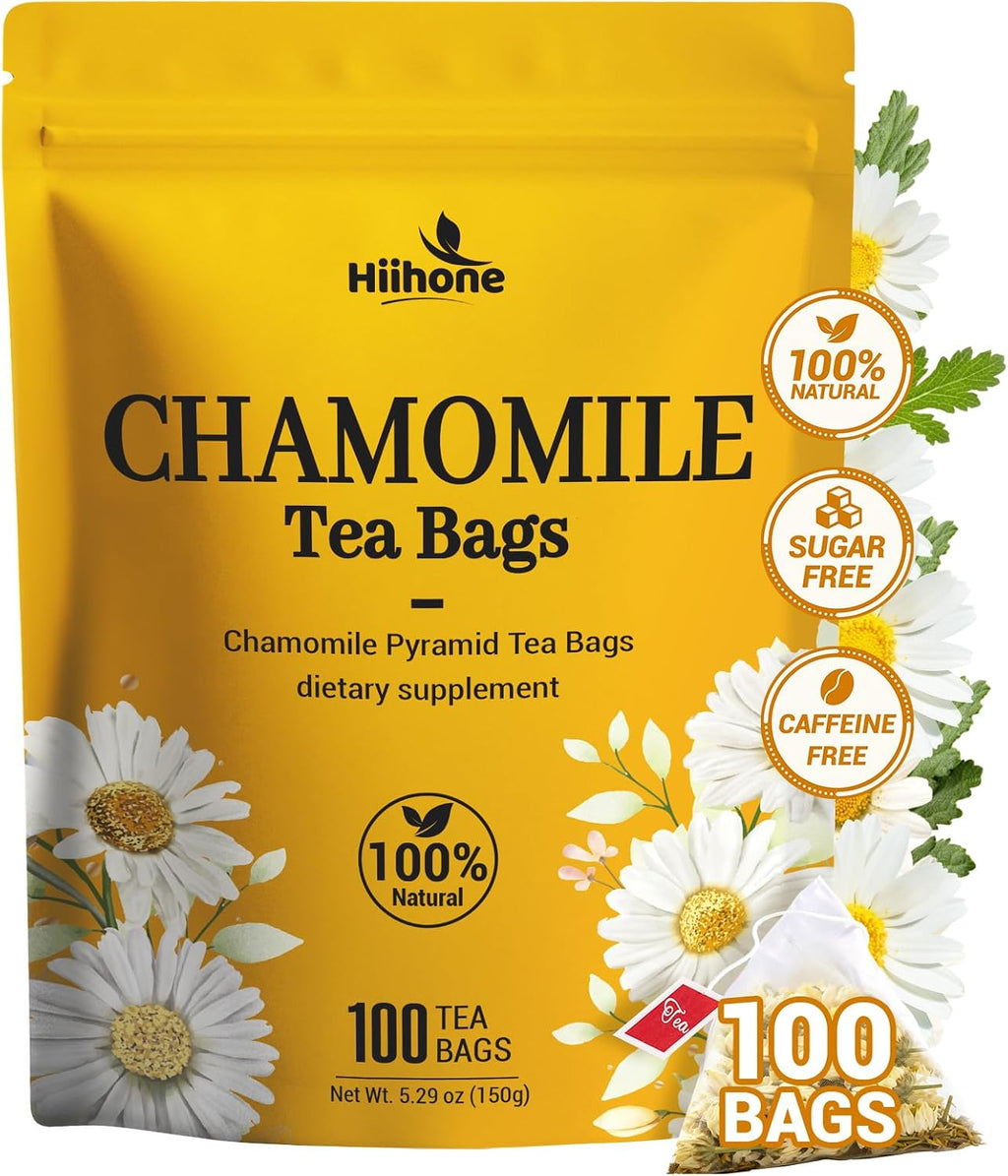 Chamomile Tea Bags 100 Count, Chamomile Flower Herbal Tea with Sugar-Free, Caffeine-Free