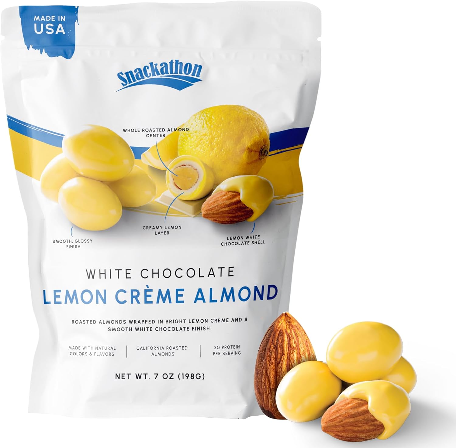 Snackathon Lemon Creme White Chocolate Covered Almonds, 7 oz Resealable Bag, Whole Roasted Almonds Coated in Lemon Cream and White Chocolate, Crunchy Citrus Nut Snack, Made in USA