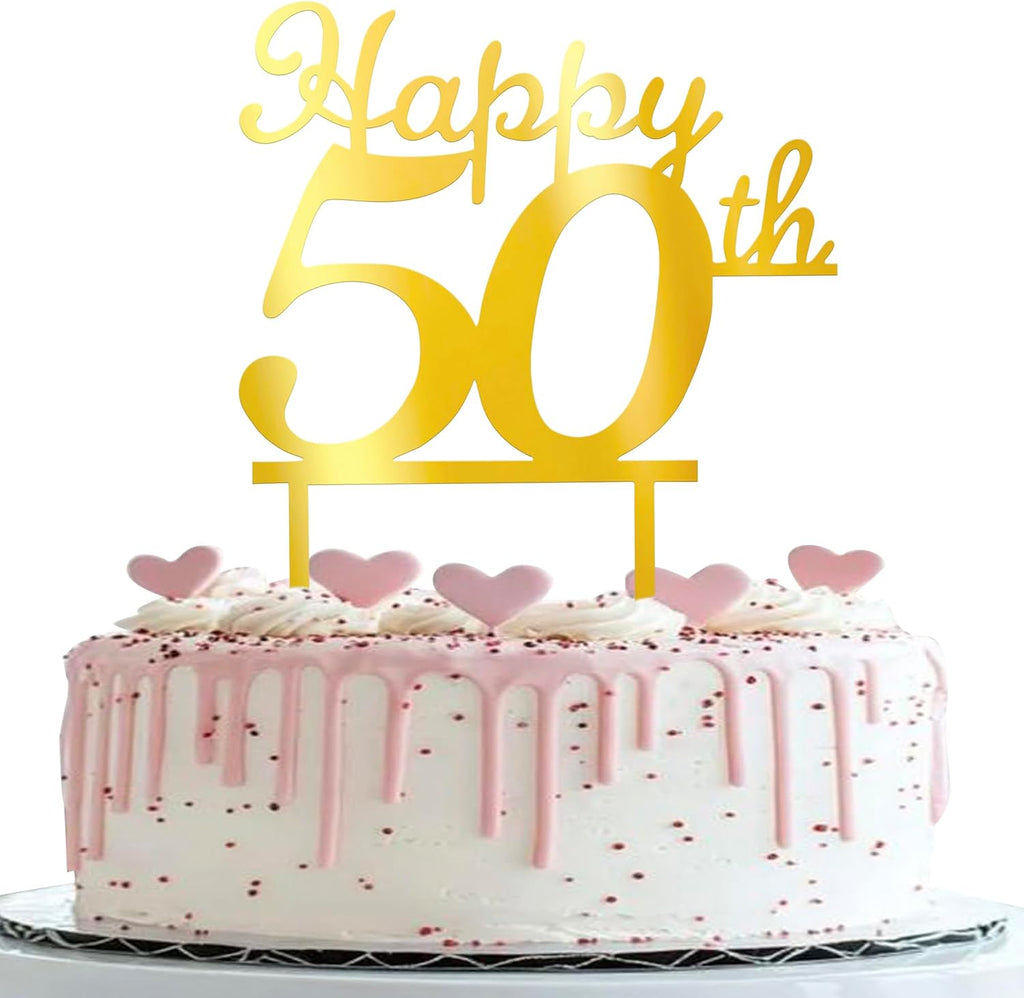 Rsstarxi 3 Pack Happy 50th Birthday Cake Topper Gold Mirrored Acrylic Cake Pick for Cheers to 50 Fabulous Birthday Anniversary Celebrations Party Cake Decorations Supplies