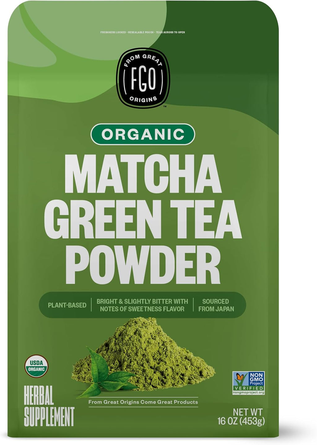 FGO Organic Matcha Green Tea Powder, Japanese Culinary Grade for Cooking, Baking, or Smoothies, 16oz Bulk Resealable Bag, Packaging May Vary (Pack of 1)