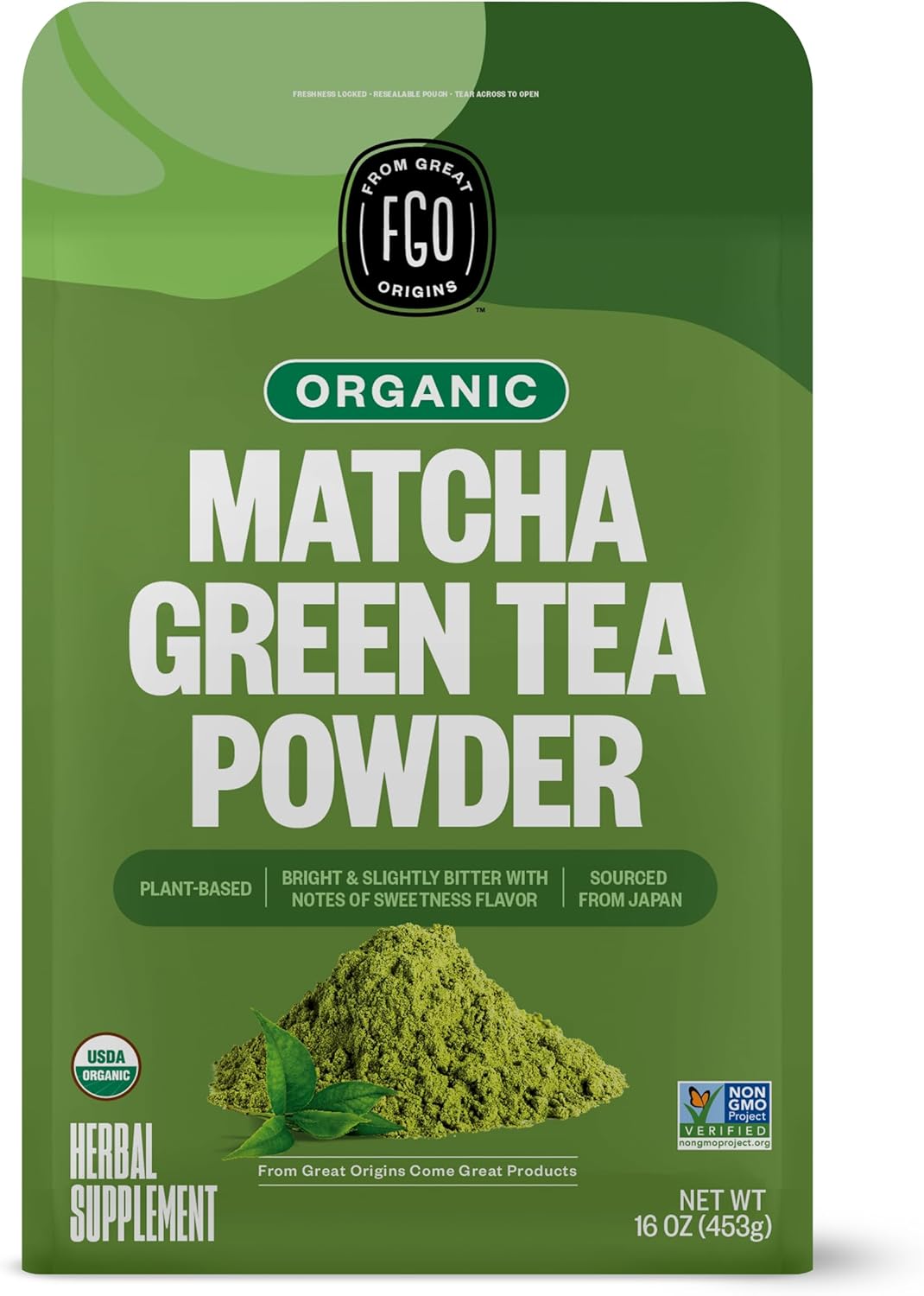 FGO Organic Matcha Green Tea Powder, Japanese Culinary Grade for Cooking, Baking, or Smoothies, 16oz Bulk Resealable Bag, Packaging May Vary (Pack of 1)
