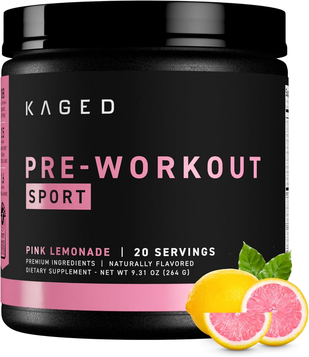 Kaged Sport Pre Workout Powder for Men & Women, Pink Lemonade, Sport Certified, 188mg Caffeine, Nitric Oxide, Beta Alanine, 20 Servings