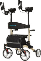 ELENKER Upright Walker, Stand Up Folding Rollator Walker with 10” Front Wheels Backrest Seat and Padded Armrests(Champagne)
