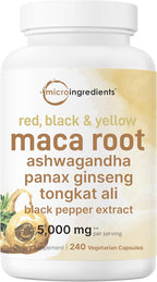 Maca Root Capsules for Women & Men 5,000mg | 240 Veggie Capsules with Ashwagandha, Red, Black, Yellow Maca Root, Panax Ginseng, Tongkat Ali & Black Pepper