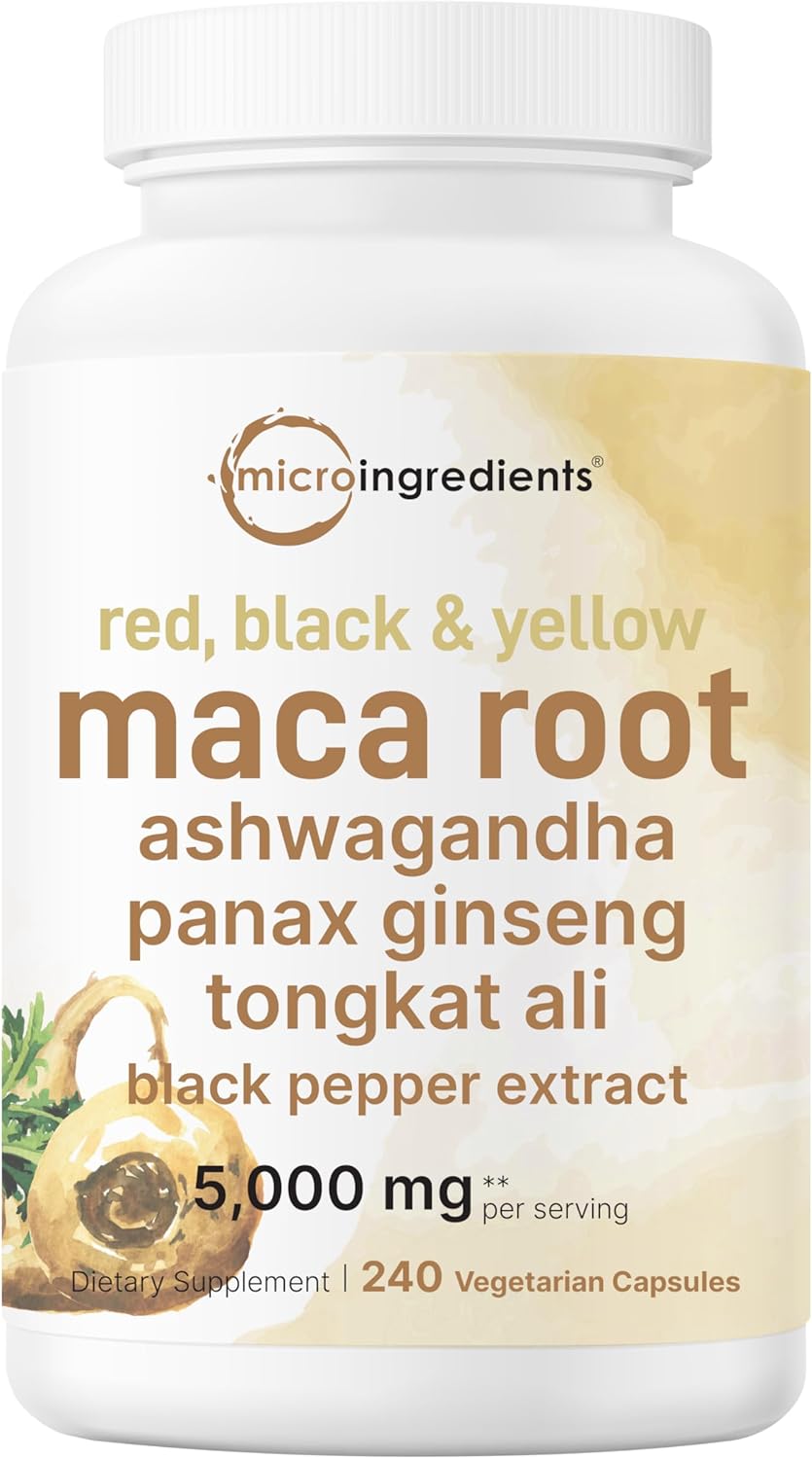 Maca Root Capsules for Women & Men 5,000mg | 240 Veggie Capsules with Ashwagandha, Red, Black, Yellow Maca Root, Panax Ginseng, Tongkat Ali & Black Pepper