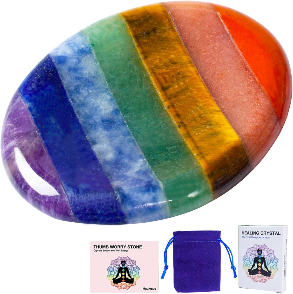 7 Chakra Crystal Thumb Worry Stone for Anxiety Stress Relief, Hand Carved 1.8 Inch Natural Healing Crystal Oval Thumb Worry Stone Meditation Accessories, Reiki Pocket Palm Stone Gifts for Women Men
