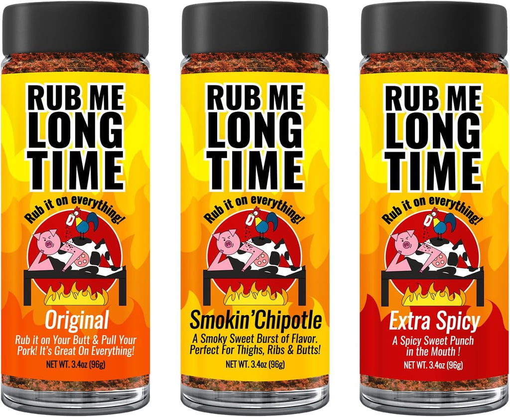 RUB ME LONG TIME (96g)| Sweet, Salty & Spicy BBQ Rub | Original, Smokin' Chipotle, Extra Spicy | Perfect for Chicken, Pork & Seafood