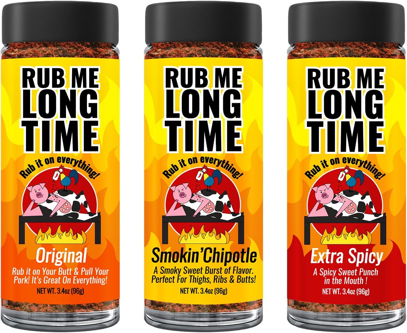 RUB ME LONG TIME (96g)| Sweet, Salty & Spicy BBQ Rub | Original, Smokin' Chipotle, Extra Spicy | Perfect for Chicken, Pork & Seafood