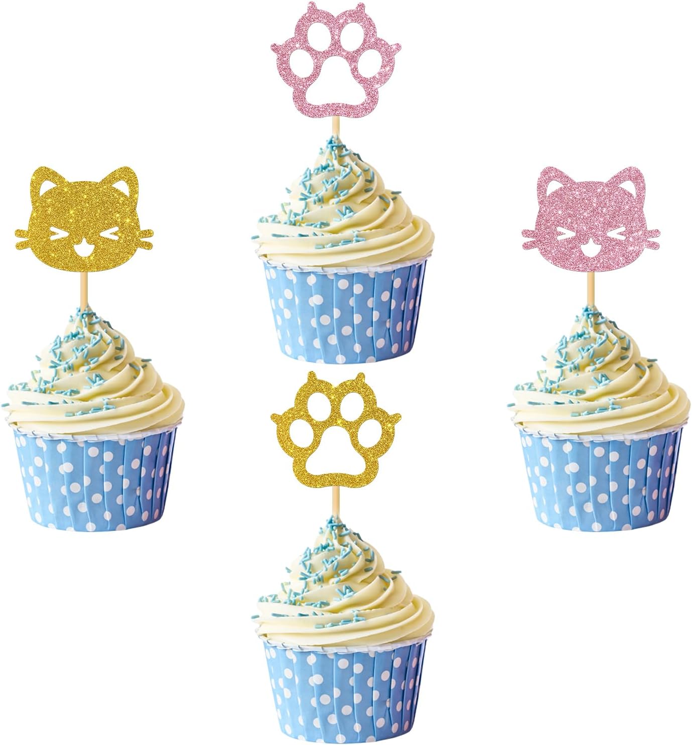 MonMon & Craft Cat Paw Print Cupcake Toppers/Kitten Birthday Cupcake Toppers/Baby Shower/Children Girl's Birthday Sign Pet Cat Party Cupcake Decor Glitter 24 Pcs