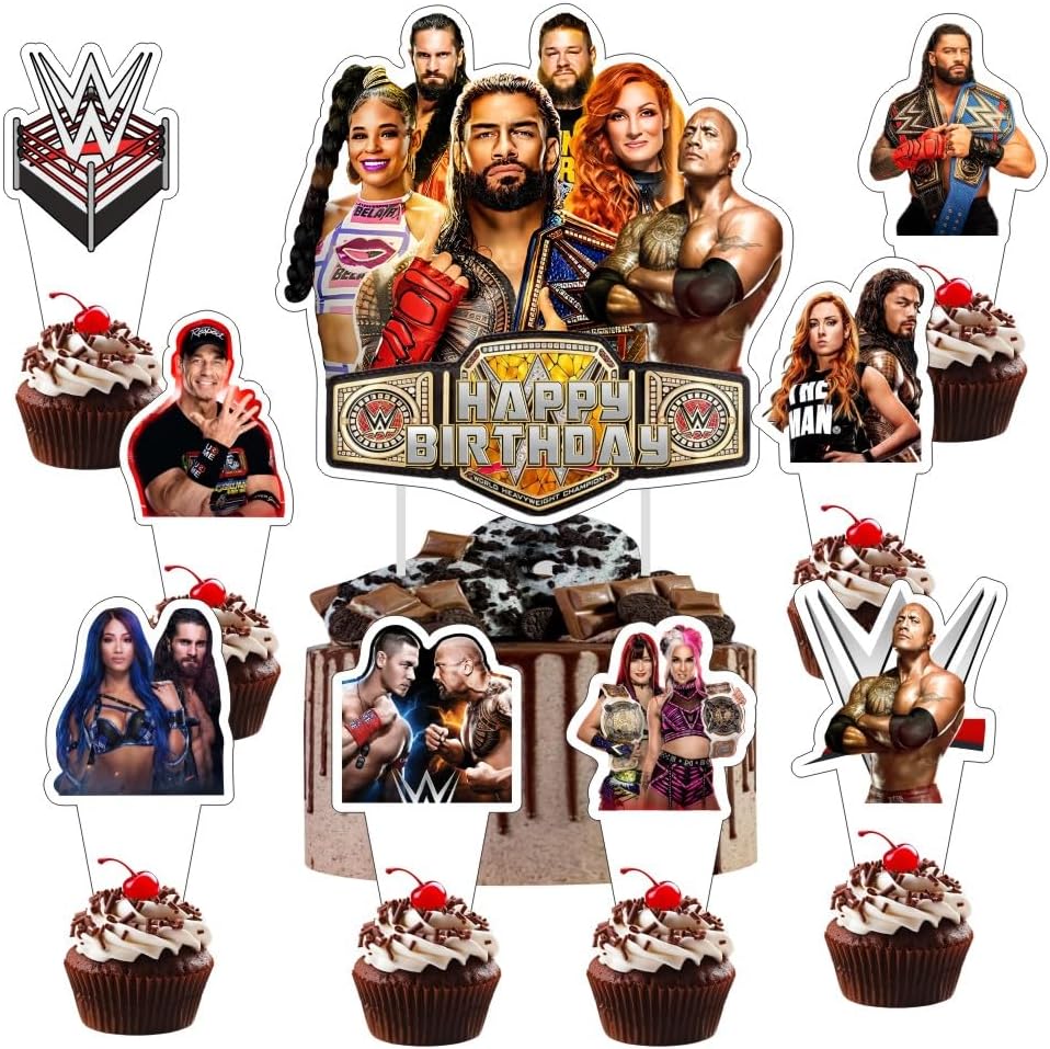 25pcs Wrestling Cake Decorations with 1pcs Cake Topper, 24pcs Cupcake Toppers for Wrestling Birthday Party Supplies
