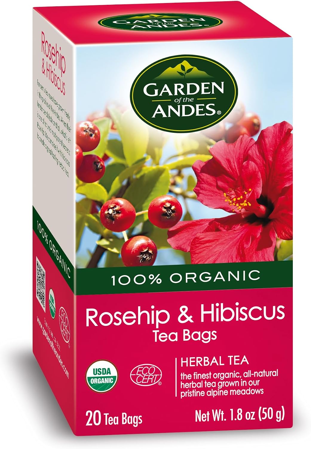 Garden of the Andes - Rosehip and Hibiscus Herbal Tea - 20 Individually Wrapped Tea Bags - Organic caffeine-free antioxidant blend - Supports digestion and immune function