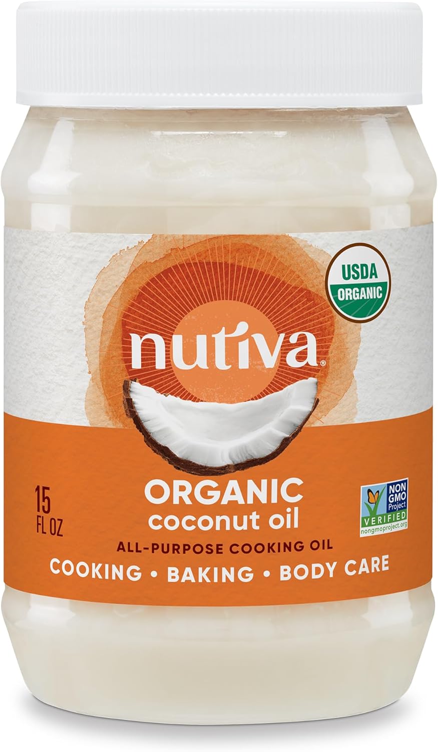Nutiva Organic Steam-Refined Coconut Oil, 15 Fl Oz, USDA Organic, Non-GMO, Vegan, Keto, Paleo, Neutral Flavor and Aroma for Cooking & Natural Moisturizer for Skin and Hair