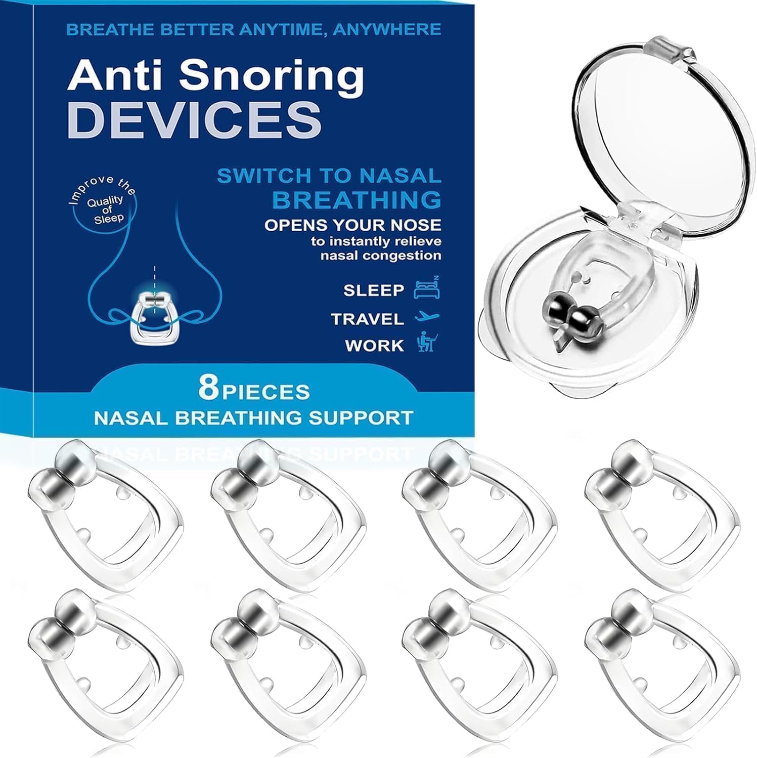 Anti Snoring Devices, Silicone Magnetic Anti Snoring Nose Clip, Nasal Strip for Snoring with Adjustable Magnet, Magnetic Nasal Strip, Stop Snoring for Men and Women, 8PCS