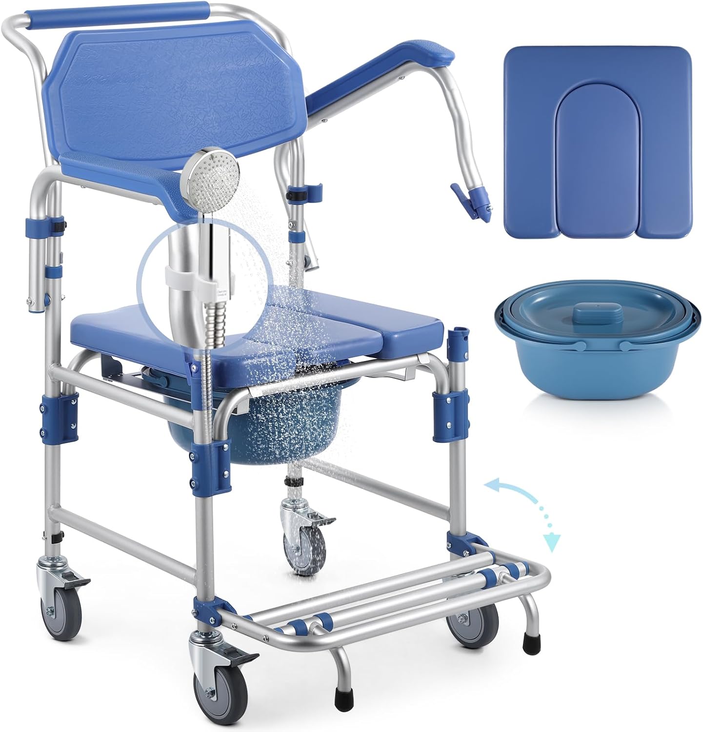 Shower Wheelchair with Drop Arms Lockable Casters, 330lbs Heavy Duty Bedside Commode, Waterproof Aluminum Shower Chair, Anti-Tilt Foldable Footrest, Sponge Padded Seat, for Elderly&Mobility