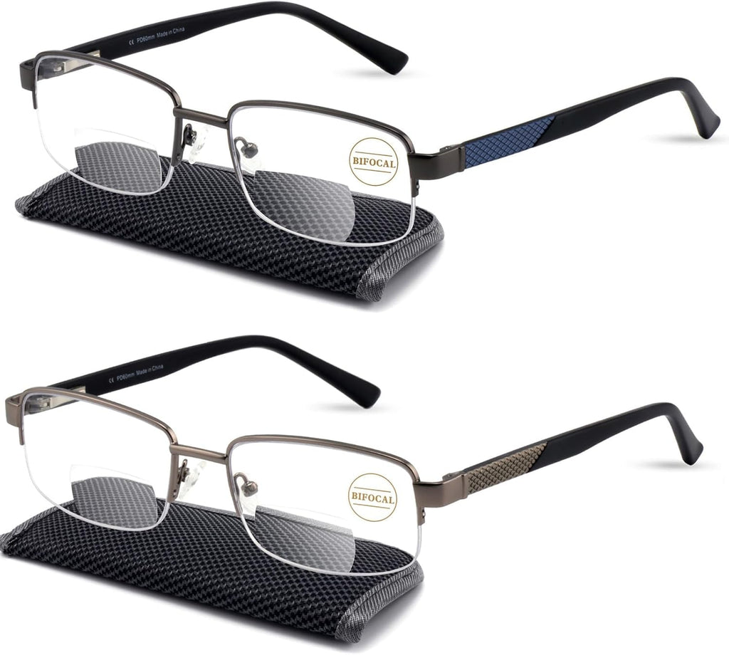 Missfive Mens Premium Bifocal Reading Glasses Blue Light Blocking, Computer Readers Metal Frame with No Broken Spring Hinge, Far/Near Dual-use Eyeglasses 2 Pack, 1.5x
