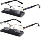 Missfive Mens Premium Bifocal Reading Glasses Blue Light Blocking, Computer Readers Metal Frame with No Broken Spring Hinge, Far/Near Dual-use Eyeglasses 2 Pack, 1.5x