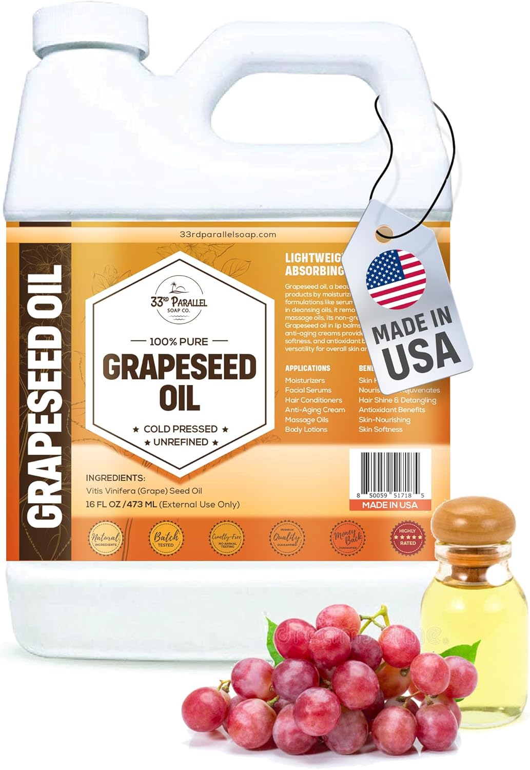 ORGANIC GRAPESEED OIL (16 oz) Cold Pressed Unrefined | 100% Pure Natural, Non-GMO | Available in Bulk | Skin, Hair, Face, Carrier for Essential Oils, Soap Making | 16 FL OZ