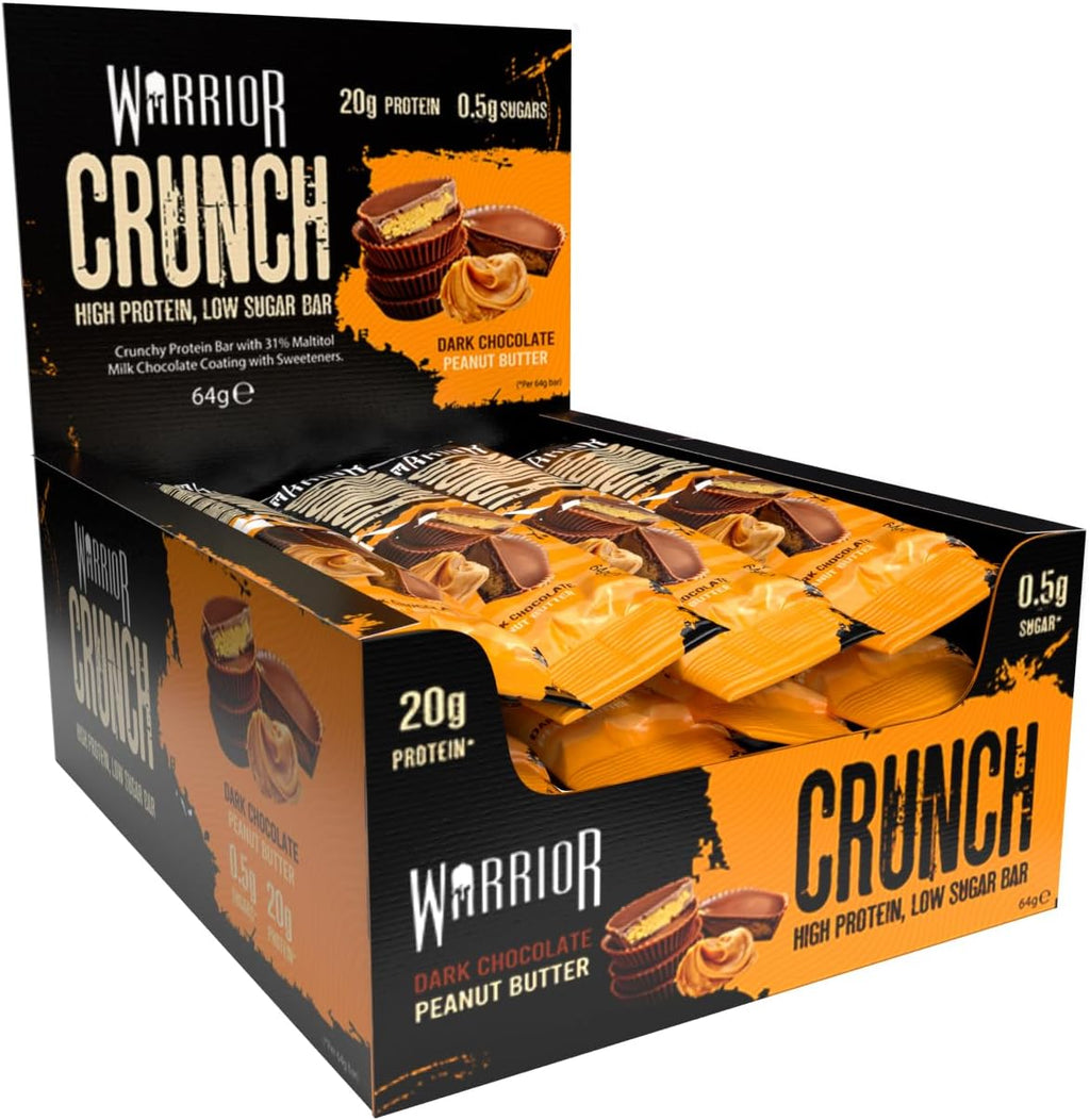 Warrior HIGH PROTEIN BARS (20g Protein each) - Low Carb, Low Sugar - Pack of 12 Caramel Crispy Crunch Bars - Dark Chocolate & Peanut Butter