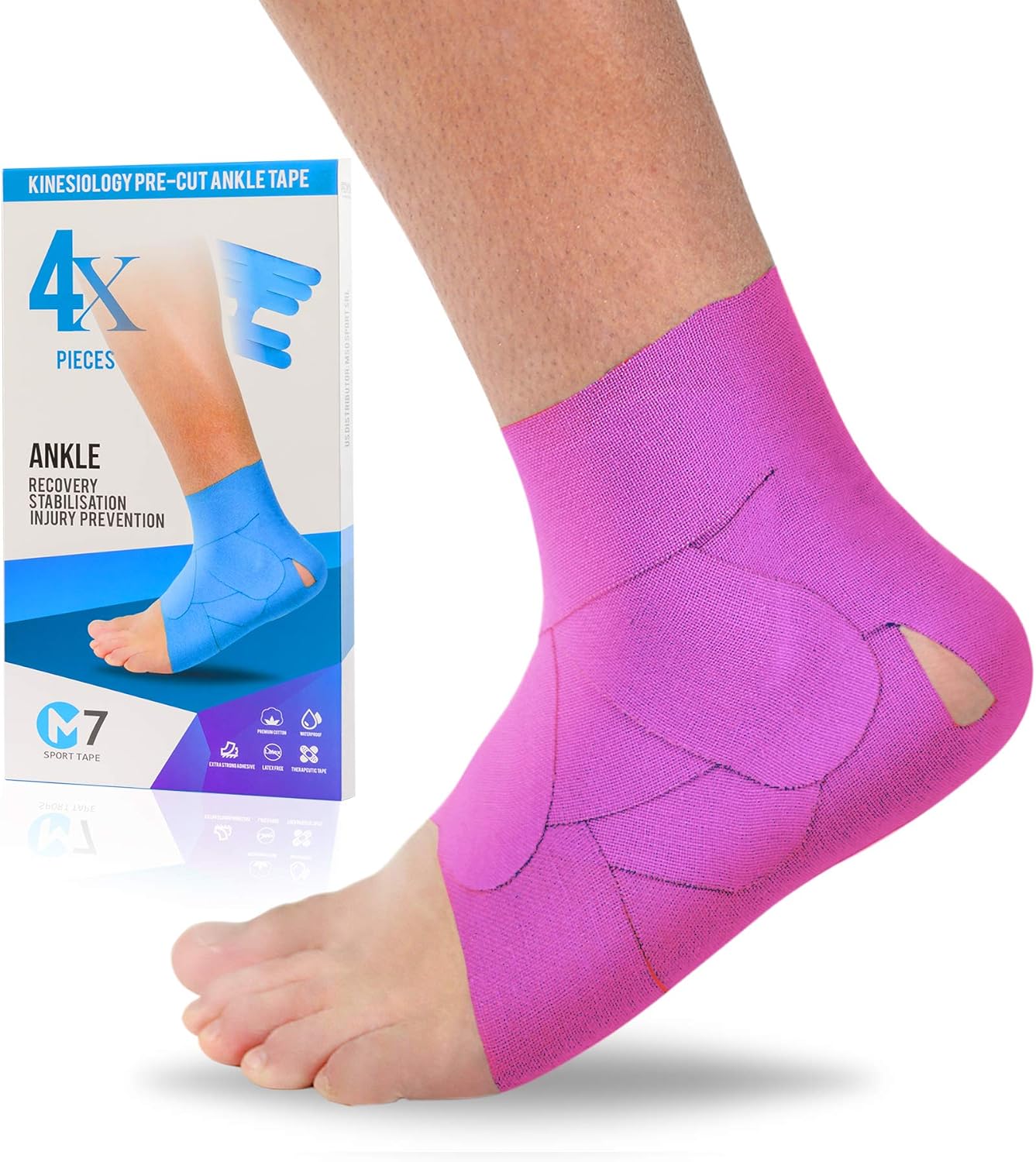 M7 Sport Kinesiology Ankle Tape for Ankle Sprain and Injury Recovery, Pain Relief Therapeutic Tape, Ankle Brace Compression Support, Plantar Fasciitis, Waterproof, Eases Swelling (Pink, 4-Pack)