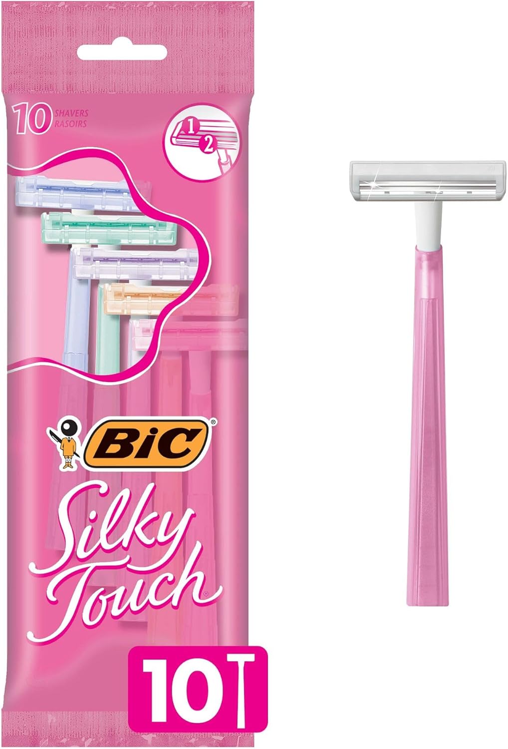 BIC Silky Touch Women's Disposable Razors, With 2 Blades, Pretty Pastel Razor Handles, 10 Count Pack of Shaving Razors