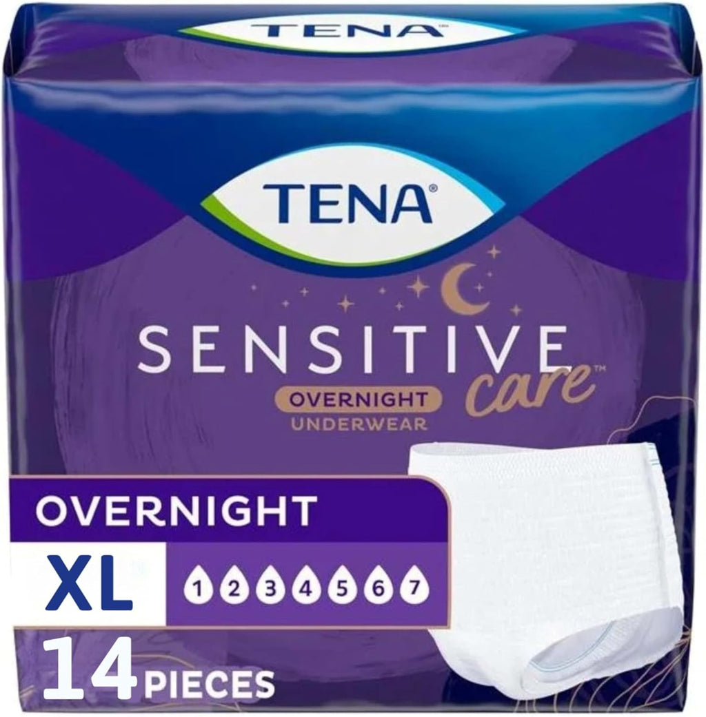 TENA Sensitive Care Overnight Incontinence Underwear for Women, Bladder Control, Postpartum, XL, 14 Count (Waist size 39in-52in)