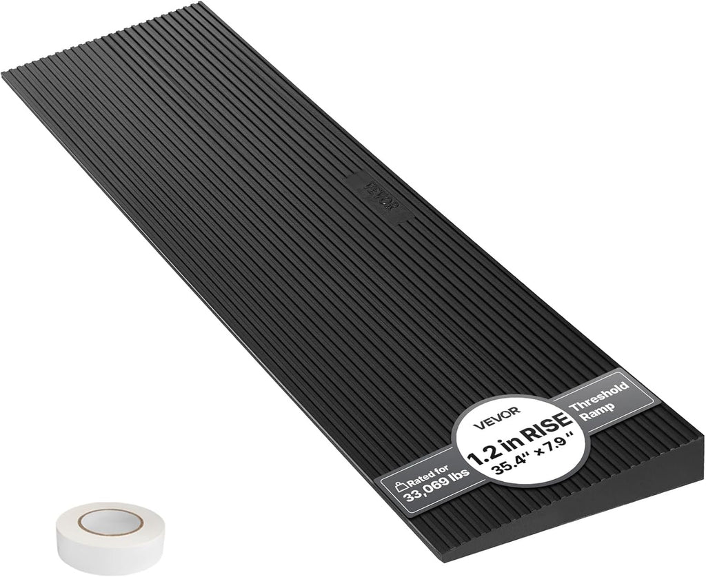 VEVOR 1.2" Rise Cuttable Threshold Ramp for Doorways, 35.4" Wide Natural Rubber Wheelchair Ramp, Non-Slip Solid Rubber Ramp with Double-Sided Tape for Doorways, Driveways, Bathroom, Smooth Tile