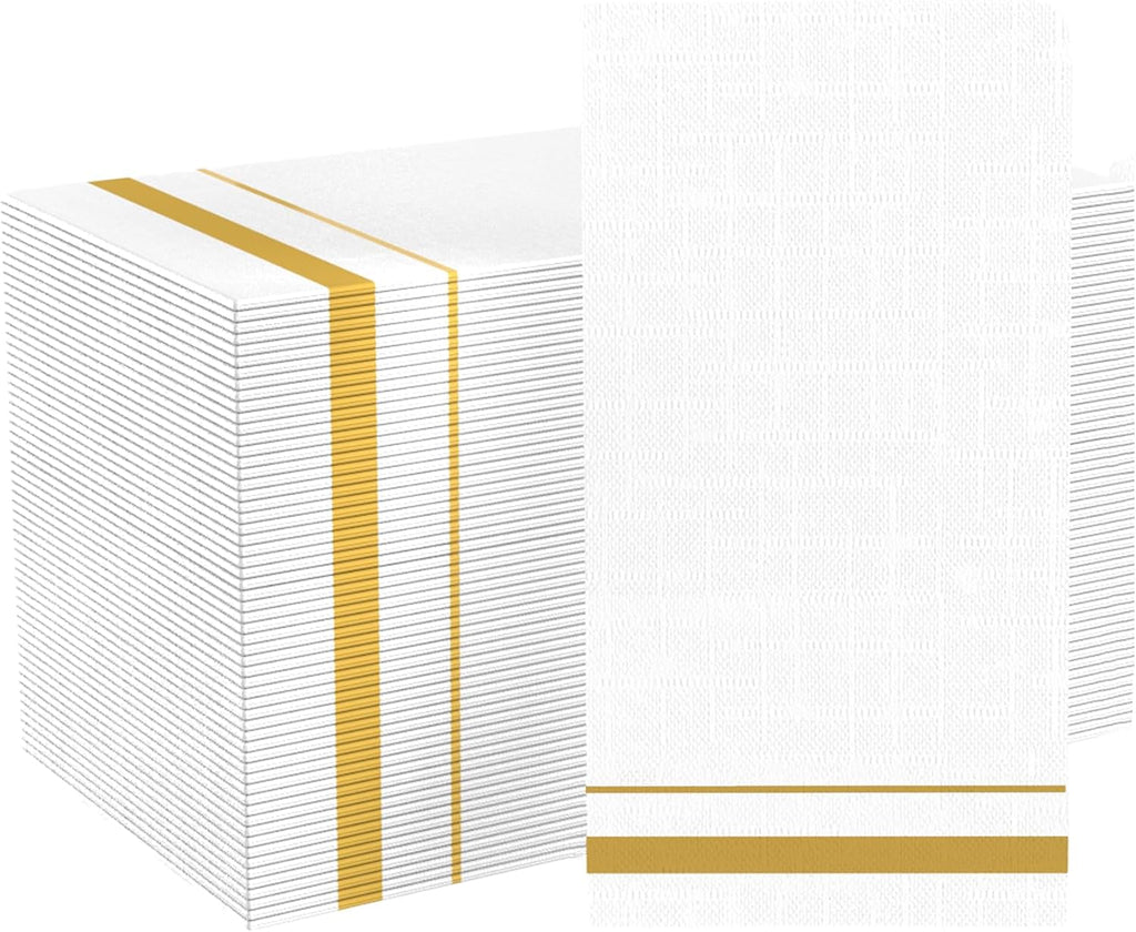 200 Pack 3-Ply Disposable Paper Napkins, Soft and Absorbent Paper Hand Towels, Gold Trim Lined Elegant Dinner Napkins for Kitchen, Wedding, Parties, Dinners or Events (15.7" x 13")