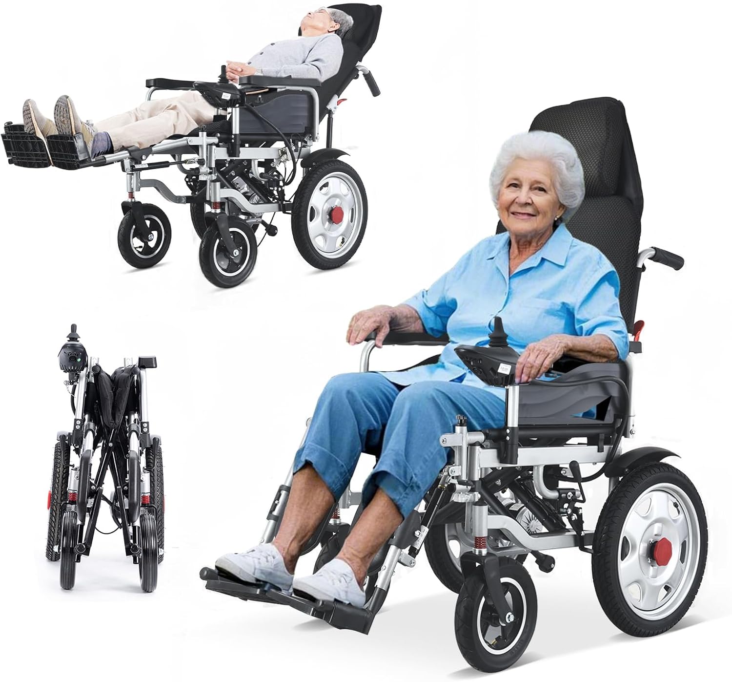 Reclining Backrest Electric Wheelchair, Foldable Motorized Wheelchairs for Adults and Seniors Support 320lbs,Airline Approved,25 Miles Longer Range All Terrain Durable Power Wheelchair, 500W Motor